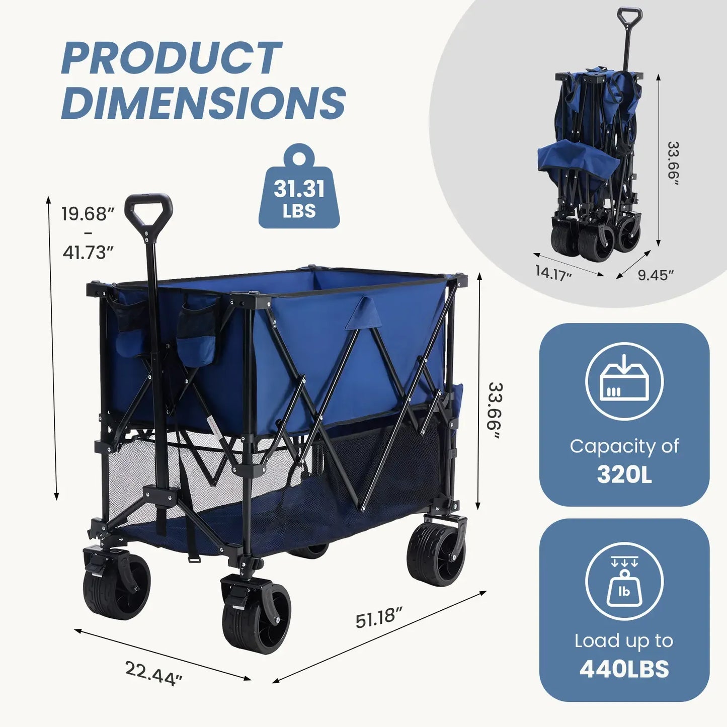 320L Heavy-Duty Collapsible Double-Decker Wagon with Brakes, 440 lb Capacity & All-Terrain Wheels