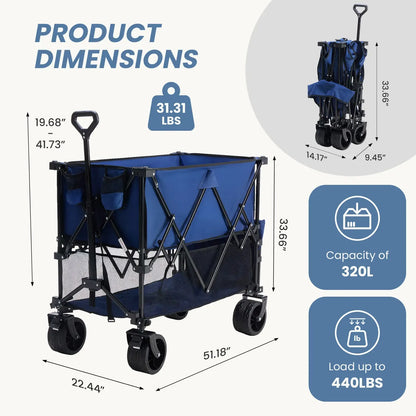 320L Heavy-Duty Collapsible Double-Decker Wagon with Brakes, 440 lb Capacity & All-Terrain Wheels