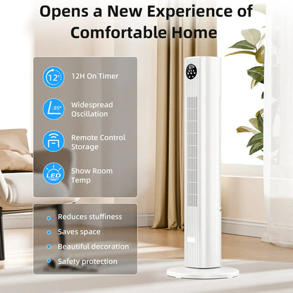 36-Inch Bladeless Tower Fan with Remote, 85° Oscillation, 3 Speeds & 12-Hour Timer