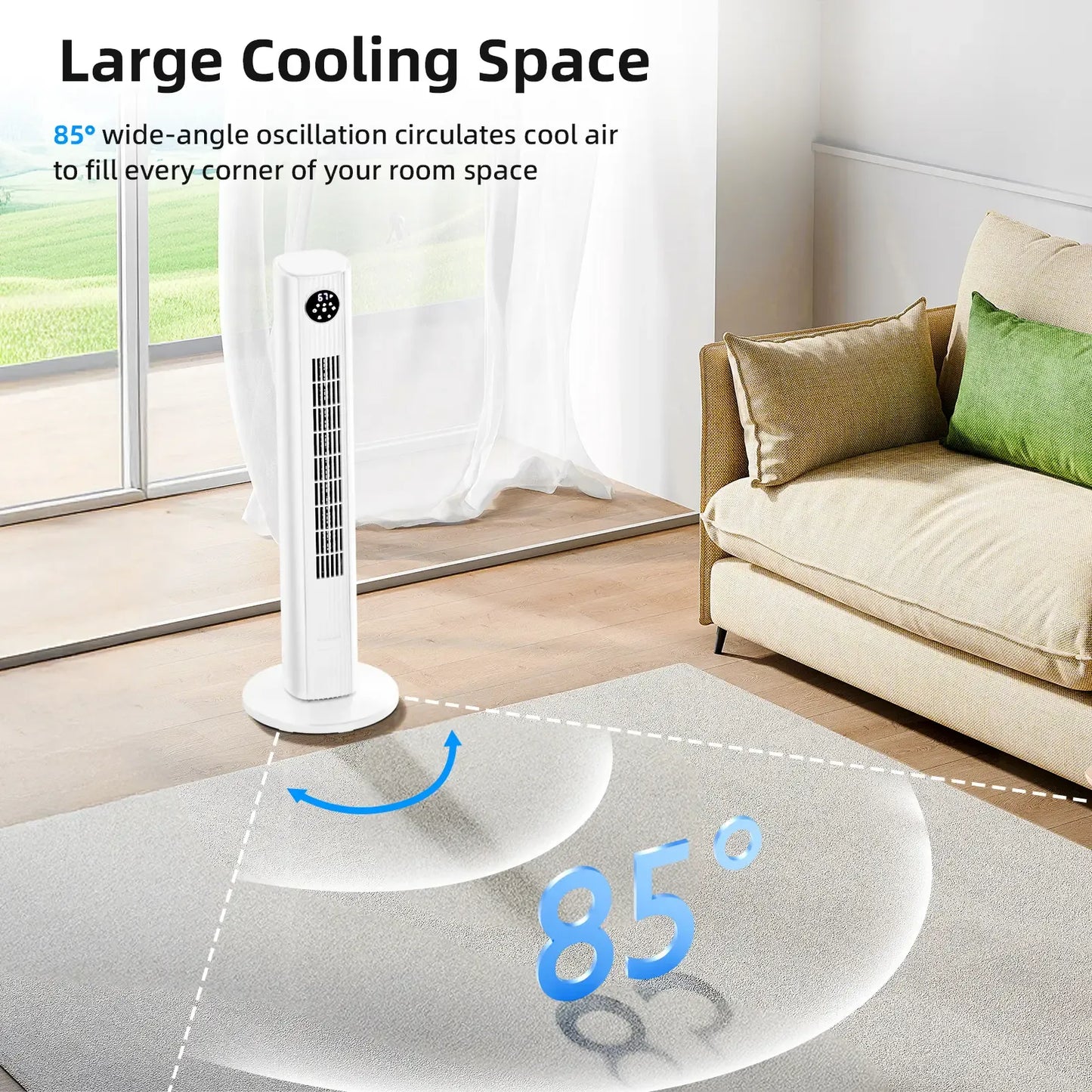 36-Inch Bladeless Tower Fan with Remote, 85° Oscillation, 3 Speeds & 12-Hour Timer