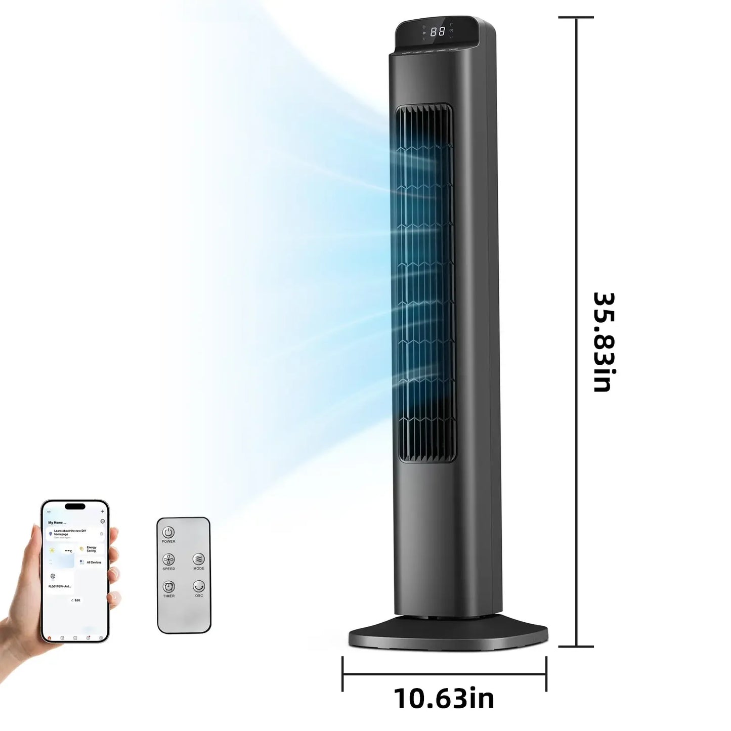 36-Inch Bladeless Tower Fan with Remote, 85° Oscillation, 3 Speeds & 12-Hour Timer