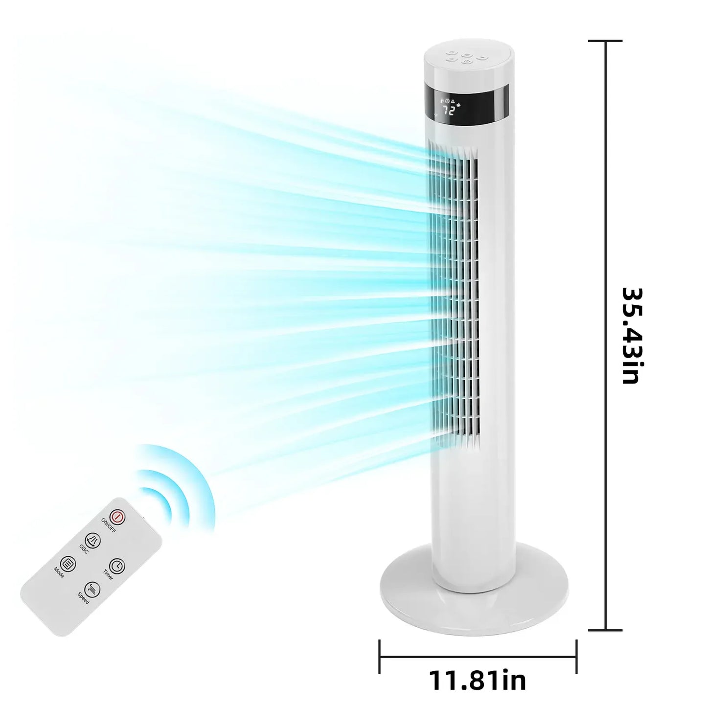 36-Inch Bladeless Tower Fan with Remote, 85° Oscillation, 3 Speeds & 12-Hour Timer